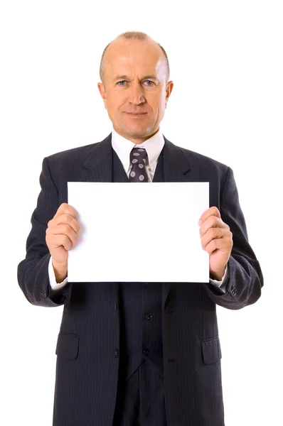 Smiley businessman holding your message — Stock Photo, Image