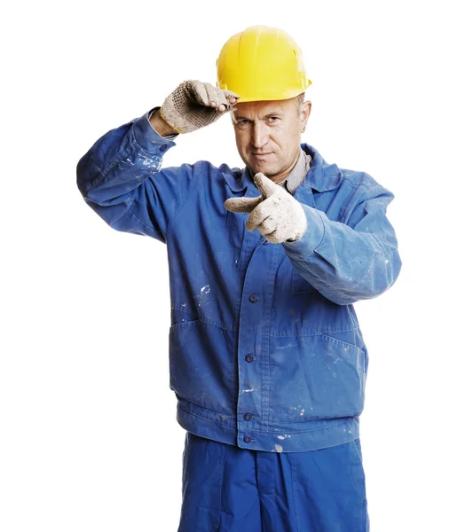 Smiley workman pointing — Stock Photo, Image