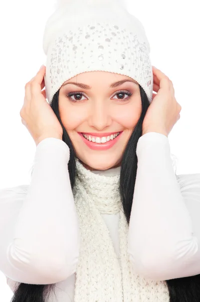 Buźka piękna kobieta w białym kapeluszu — Zdjęcie stockowe