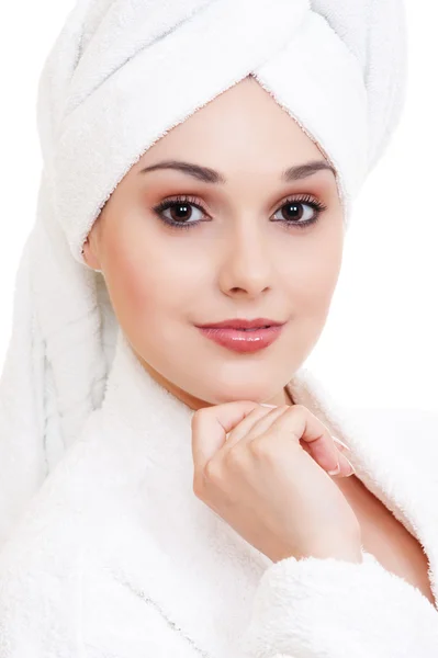 Beautiful woman with white towel on her head — Stock Photo, Image