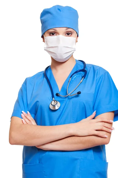 Arzt in Maske mit Stethoskop — Stockfoto