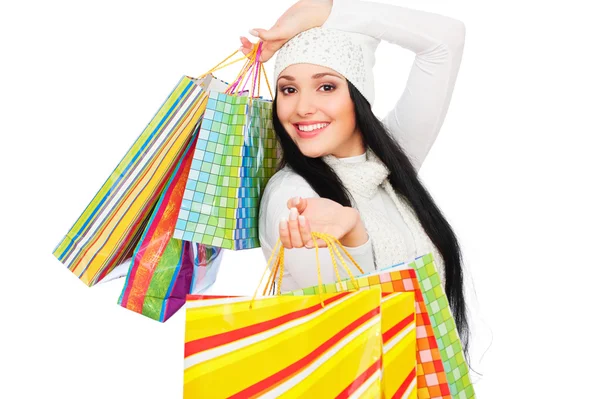 Gelukkige vrouw met boodschappentassen — Stockfoto
