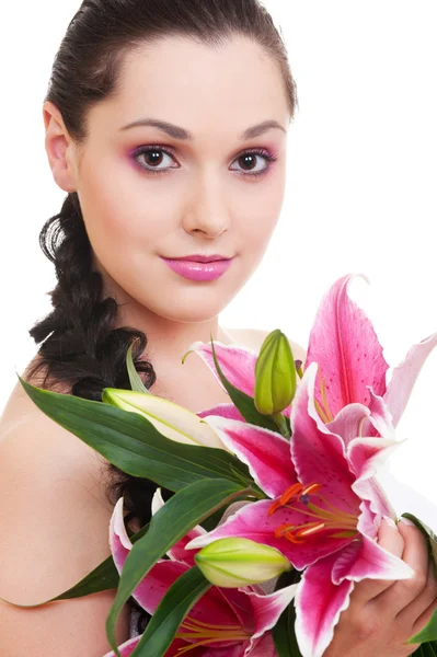 Bella donna con mazzo di fiori — Foto Stock