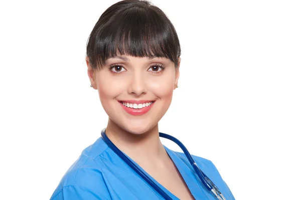 Νοσοκόμα με μπλε στολή. απομονωθεί σε λευκό — Φωτογραφία Αρχείου