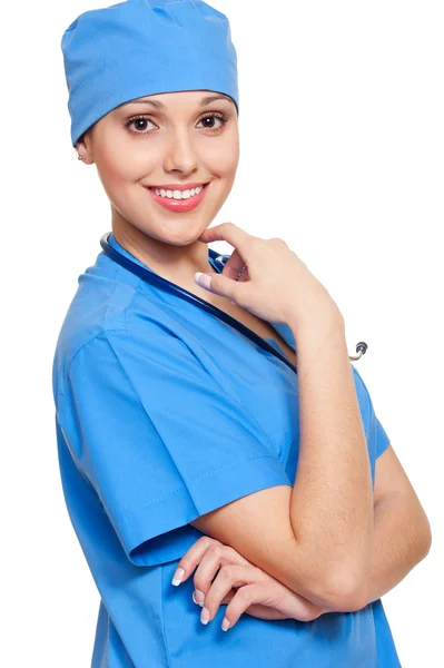 穿着蓝色制服的漂亮护士 — 图库照片