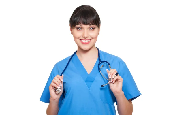 Enfermeira sorridente em uniforme azul — Fotografia de Stock