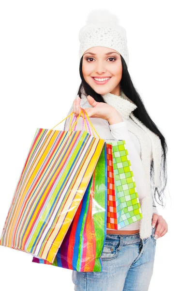 Alışveriş torbaları ile gülen kadın — Stok fotoğraf