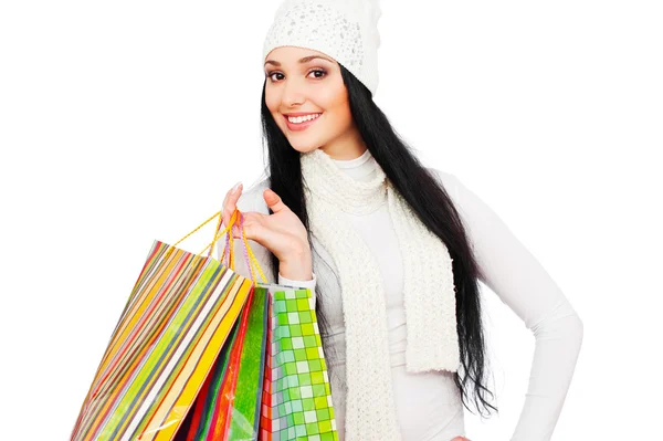 Smiley-Frau mit Einkaufstüten — Stockfoto