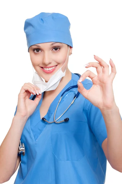 Framgångsrika sjuksköterska visar ok tecken — Stockfoto