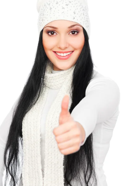 Žena v bílém klobouku ukazuje palec — Stock fotografie