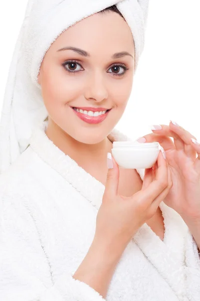Woman with face cream — Stock Photo, Image