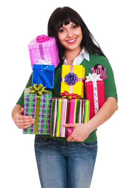 Kvinna med många presentförpackning — Stockfoto