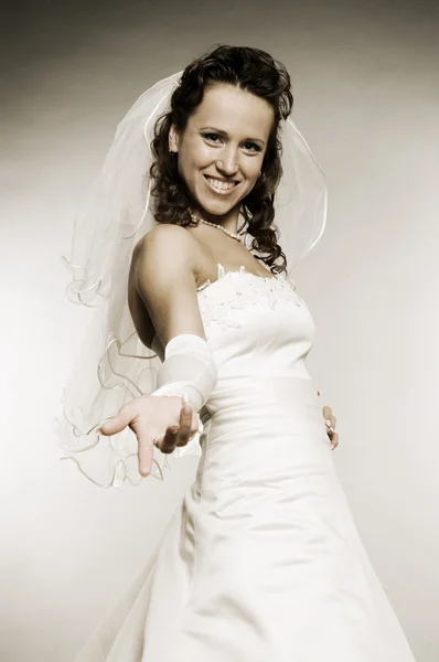 Attractive bride wave to you — Stock Photo, Image