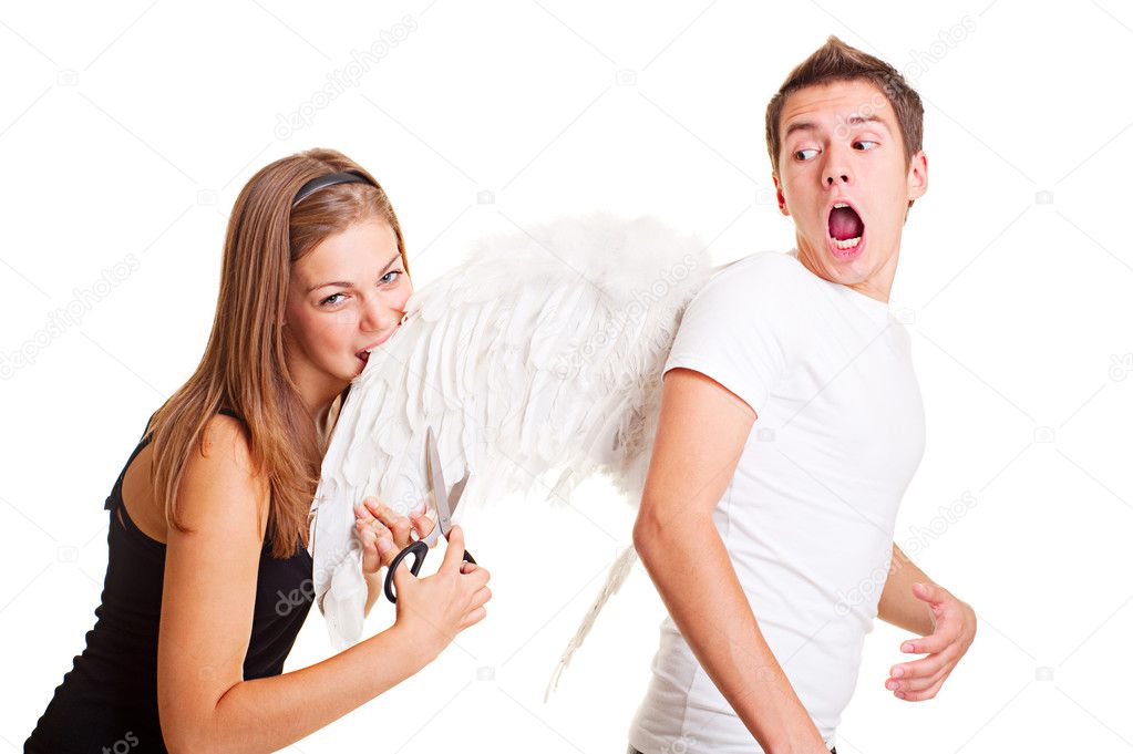 Girl cuting wings of her boyfriend