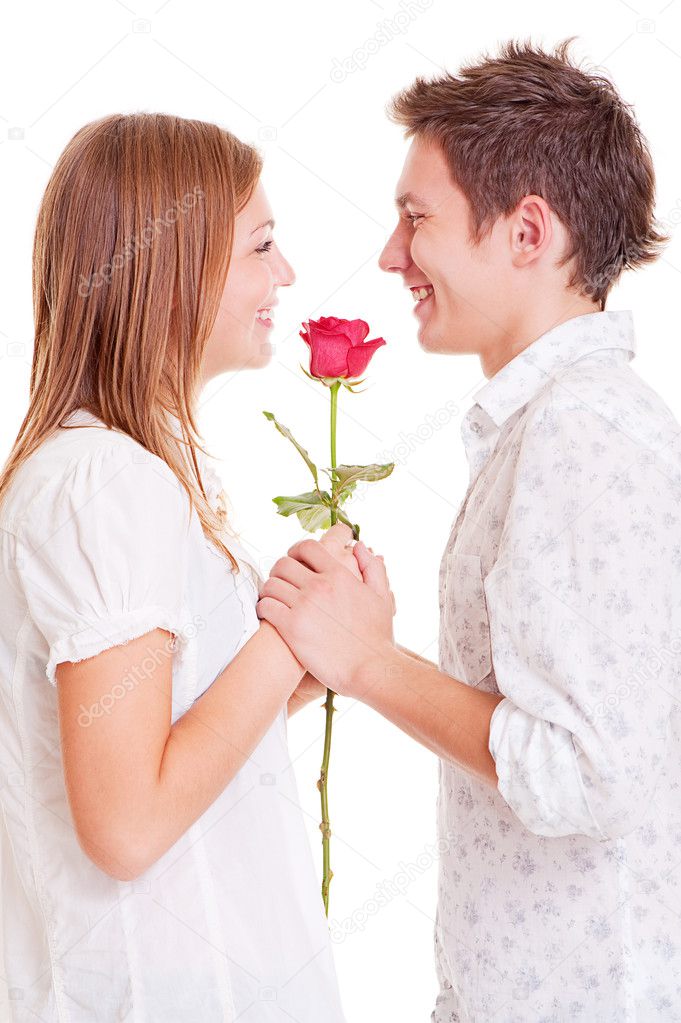 Lively couple with red rose