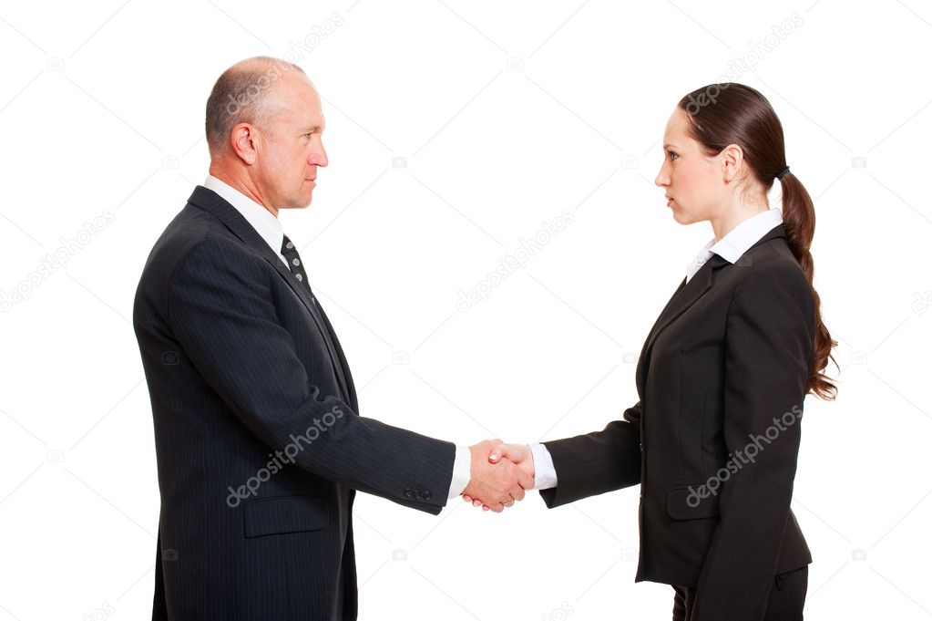 Serious businessman greeting young woman