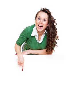 Enthusiastic woman pointing at copyspace clipart