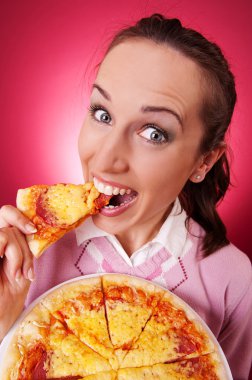 Happy woman eating piece of pizza clipart