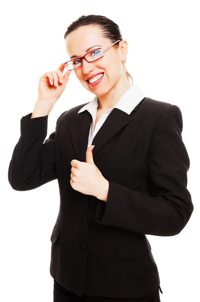 Щаслива бізнес-леді показує великі пальці вгору — стокове фото