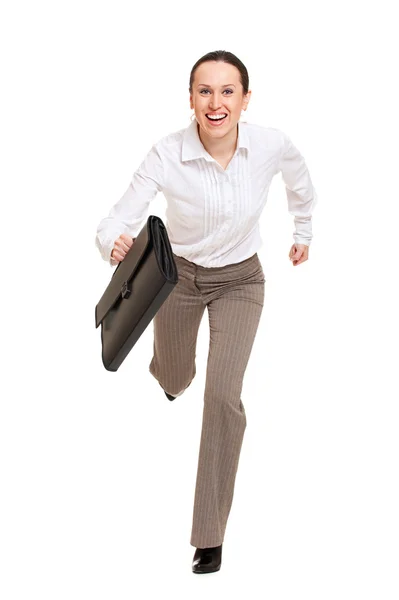 Счастливая женщина бежит на работу — стоковое фото