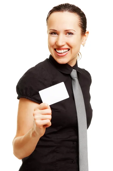 Ευτυχισμένη γυναίκα δείχνει την επαγγελματική κάρτα — Φωτογραφία Αρχείου
