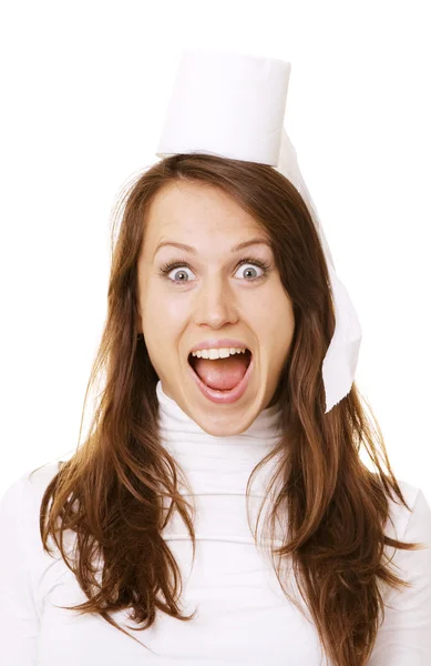 Mulher feliz com rolo de papel higiênico na cabeça — Fotografia de Stock