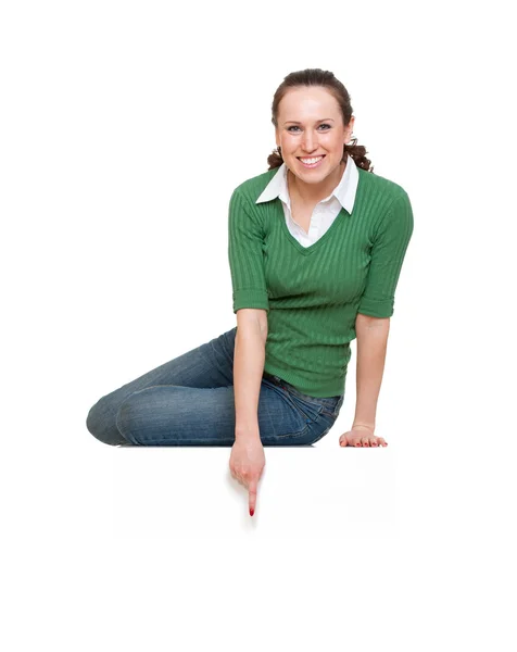 Pretty smiley woman pointing — Stock Photo, Image