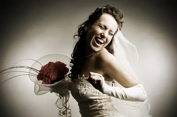 Sepia toned image of happy bride — Stock Photo, Image