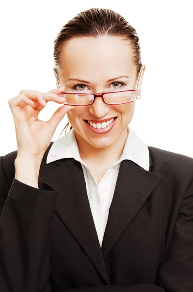 Smiley business dam som håller hennes glasögon — Stockfoto