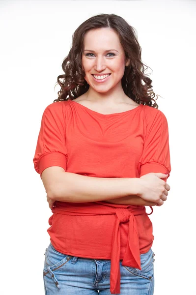 오렌지 t-셔츠에 웃는 여자 — 스톡 사진