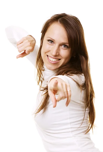 Smiley woman pointing — Stock Photo, Image