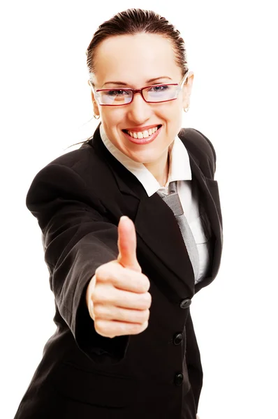 Jovem mulher de negócios sorridente mostrando polegares para cima — Fotografia de Stock