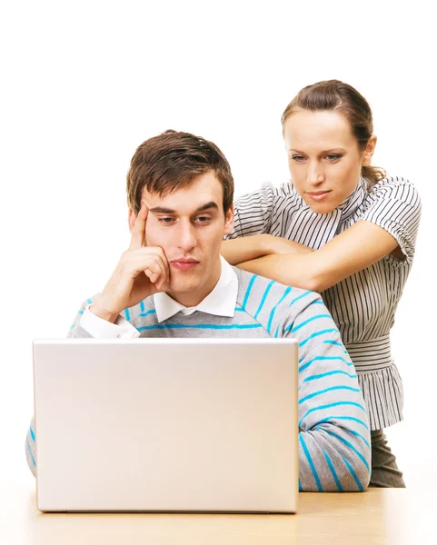 Tired students with laptop — Stock Photo, Image
