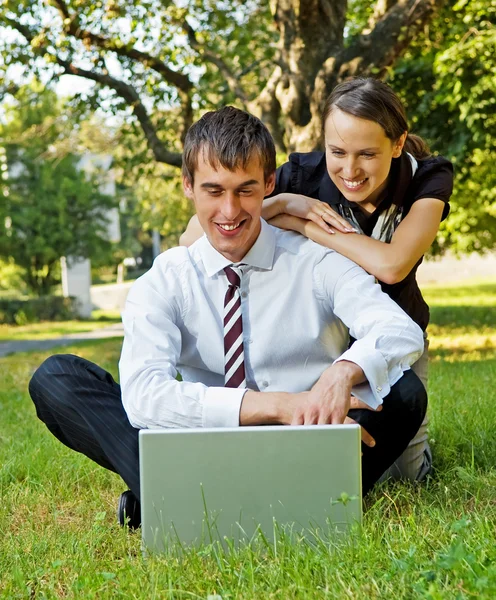 Two happy colleagues at outdoor — Stock Photo, Image