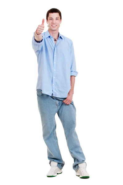 Šťastný chlap ukazuje palec — Stock fotografie