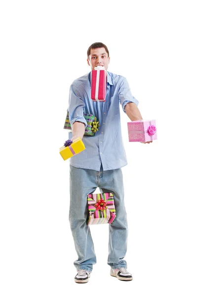 Man holding many gift boxes — Stock Photo, Image