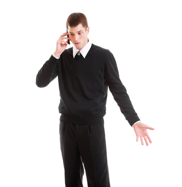 携帯電話で話している悲しげなビジネスマン — ストック写真