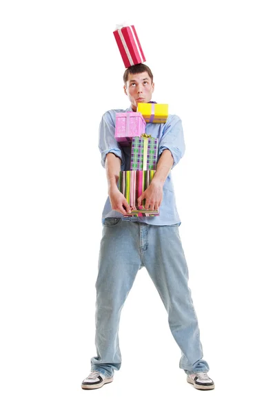 Portrait of guy with gift boxes — Stock Photo, Image