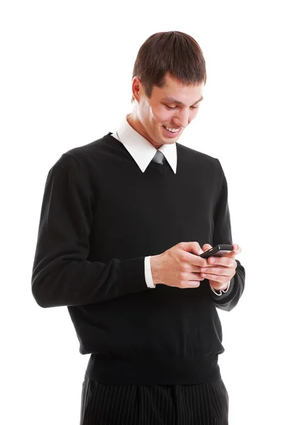 Smiley affärsman man att skriva SMS — Stockfoto
