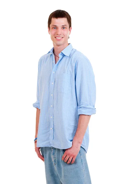 Homem sorridente em camisa azul — Fotografia de Stock