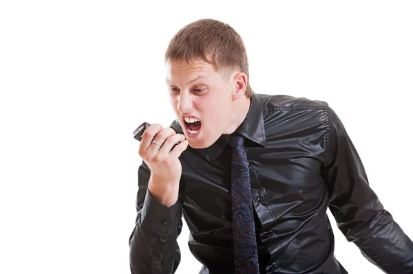 Hombre irritado con teléfono celular — Foto de Stock