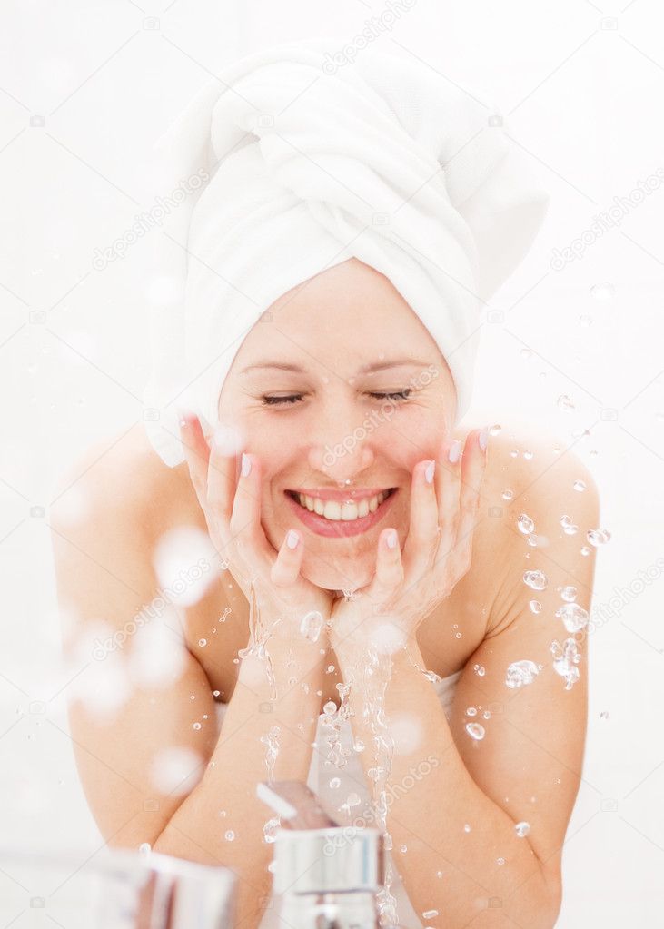 Happy woman wash herself