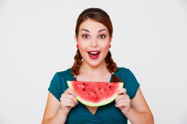 Happy woman with slice of watermelon clipart