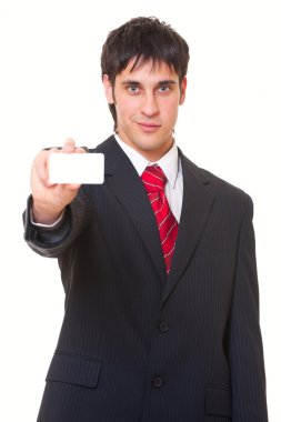 Smiley businessman showing business card clipart