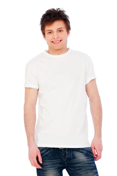 Junge fröhliche Kerl über weißem Hintergrund — Stockfoto