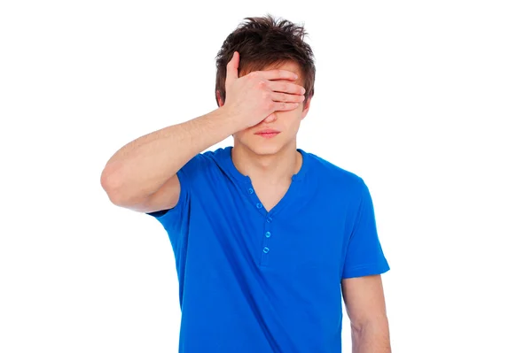 Young man with closed eyes by hand — Stock Photo, Image