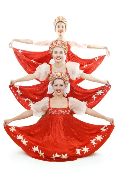 Três belezas russas em pé como uma árvore de Natal — Fotografia de Stock