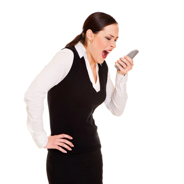 Arg affärskvinna med telefon — Stockfoto