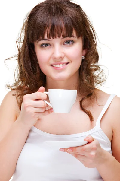 Портрет женщины с белой чашкой кофе — стоковое фото