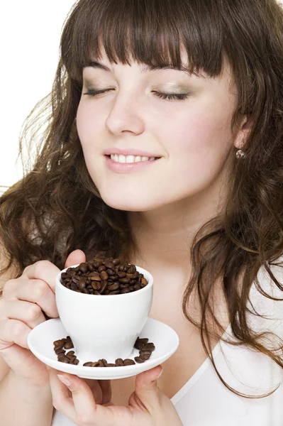Dívka hezká smajlík s šálkem kávy — Stock fotografie